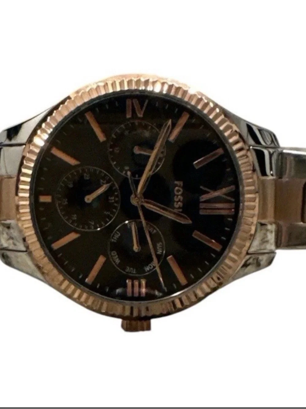 Fossil BQM7097 Men’s Two-Tone Stainless Quartz 42mm Day/Date 3ATM Box